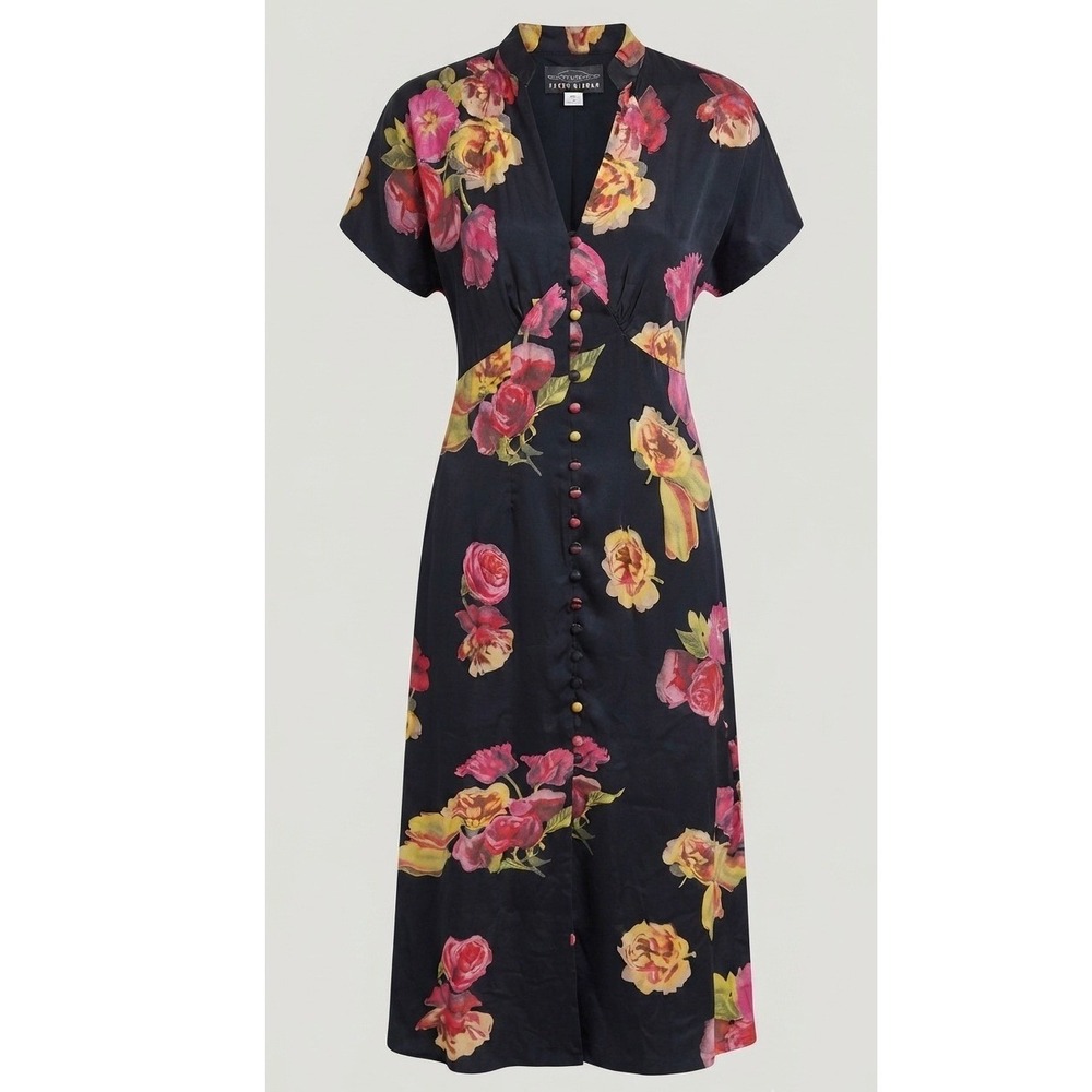 Karen Alexander Vintage Floral Rayon Midi Dress Black Pink Yellow Made in USA 12
